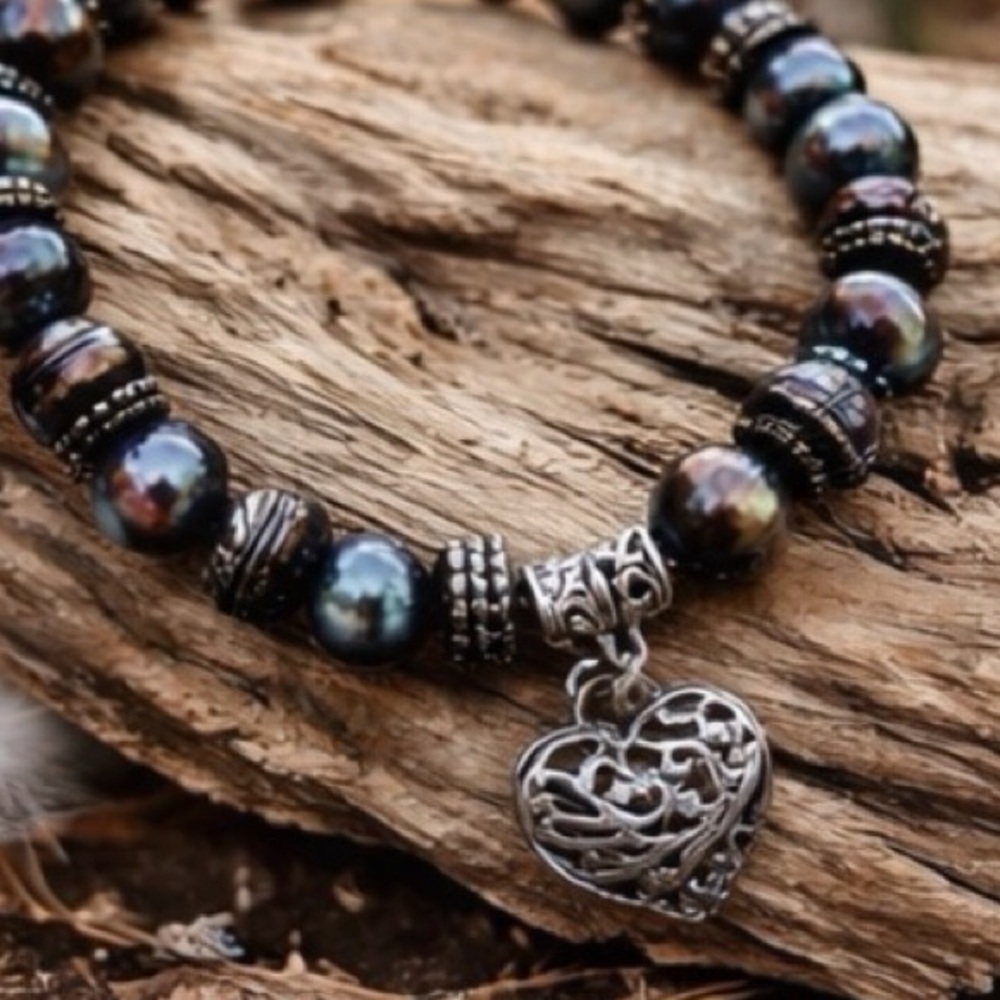 Vintage Freshwater Pearl Blue Black Bracelet Filigree Heart Boho Coastal